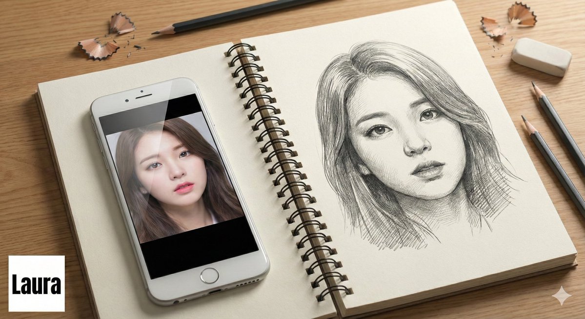 AI 用素描风格画出手机照片中的人物示例