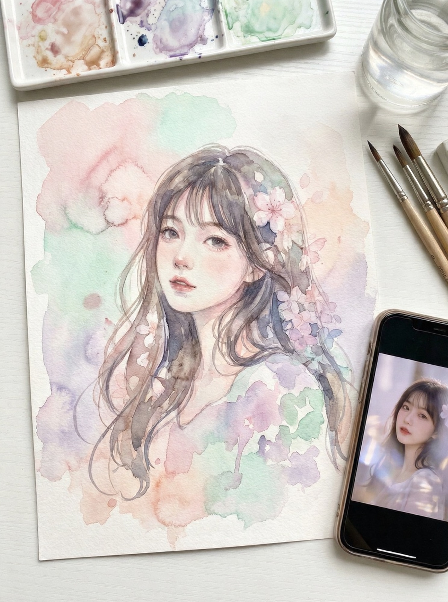 AI 用水彩风格画出手机照片中的人物示例