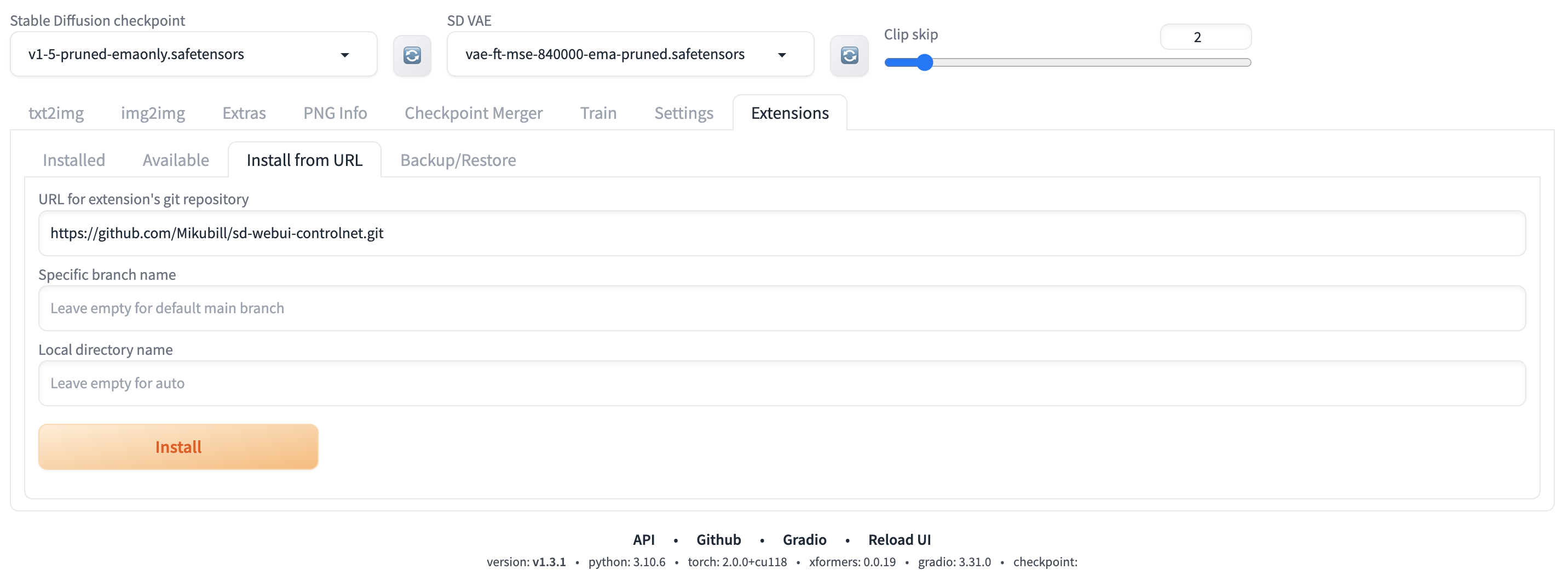 输入 ControlNet 扩展 Git 地址